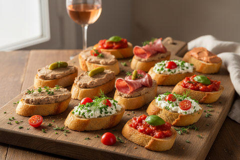 Bouchées croustillantes saucisson-chèvre sur lit de tapenade